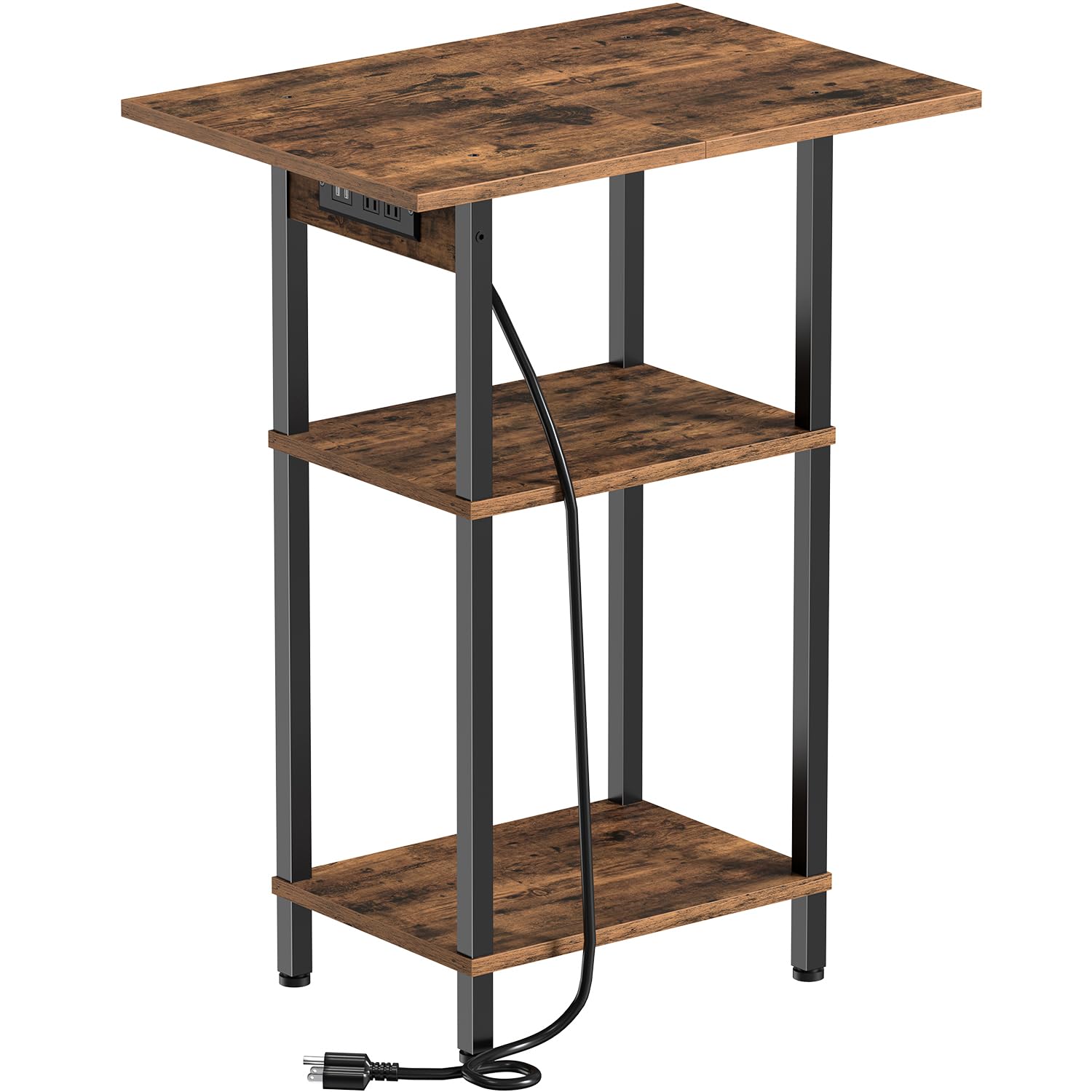 Photo 1 of Asgolion Tall End Table with Charging Station, Skinny Nightstand with USB Ports and Outlets, 3 Tier Narrow Side Table with Storage for Bedroom, Living Room, Office, Rustic Brown and Black
