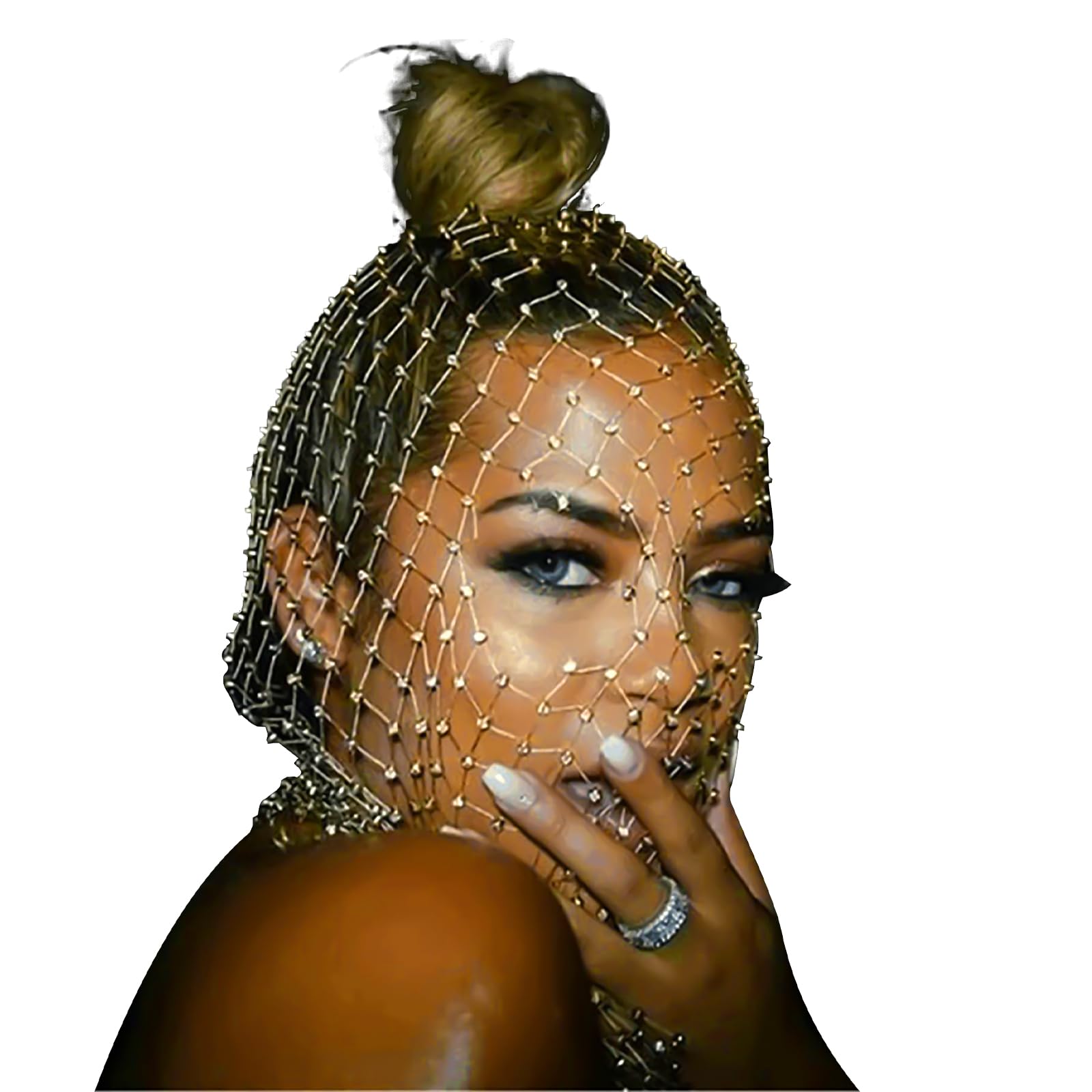 RUIXIA Womens Rhinestones Fishnet Masks Rhinestone Mesh Mask Women Crystal Full Face Veil Head Cover Wrap Halloween Accessories Nightclub Rave Party Costume