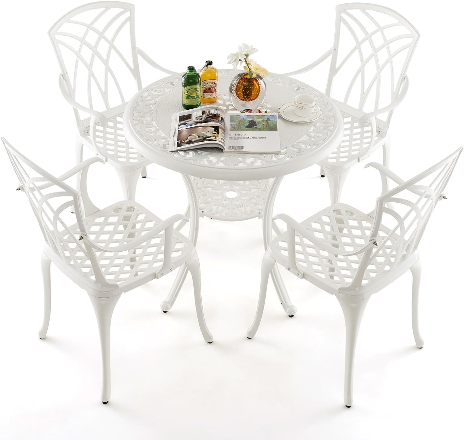 GIANTEX Conjunto de Mesa de Jardín 5 Piezas, Mesa de Jardín con 4 Sillas de Hierro Fundido de Aluminio, Mesa Bistro para 4 Personas, Mesa con Agujero de Sombrilla Dia.5 cm, para Terraza, Balcón