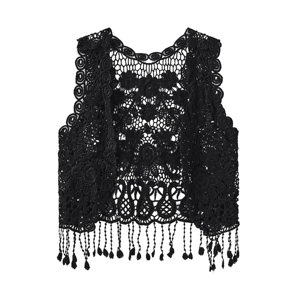 Girls Crochet Vest Cardigan with Fringe V-Neck Sleeveless Boho Vest Hollow Out Cardigan