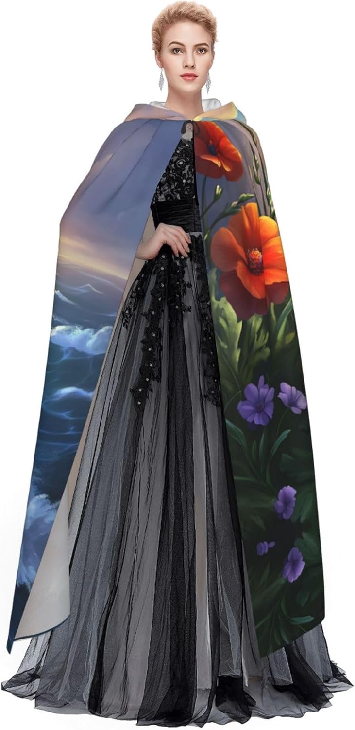 Sunset Cloud Flower Sea Unique Darkness Poncho Shawl - Customizable Wearable Blanket for Women, Perfect Halloween Costume Accessory, Knight, Akatsuki, and More
