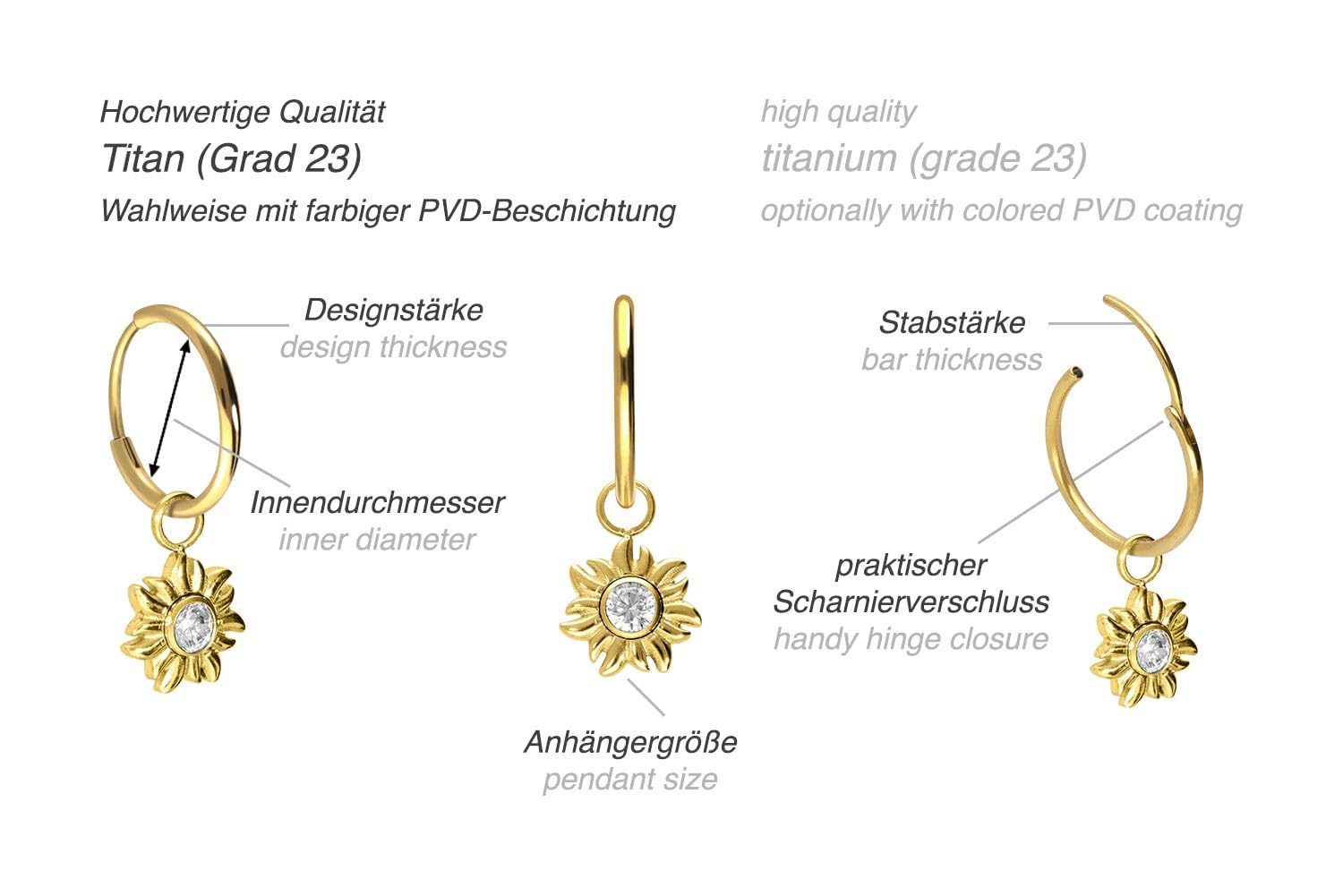 FILANGO 1 Paar Titan Ohrclicker Creolen SONNE + KRISTALL Farb- & Größenauswahl