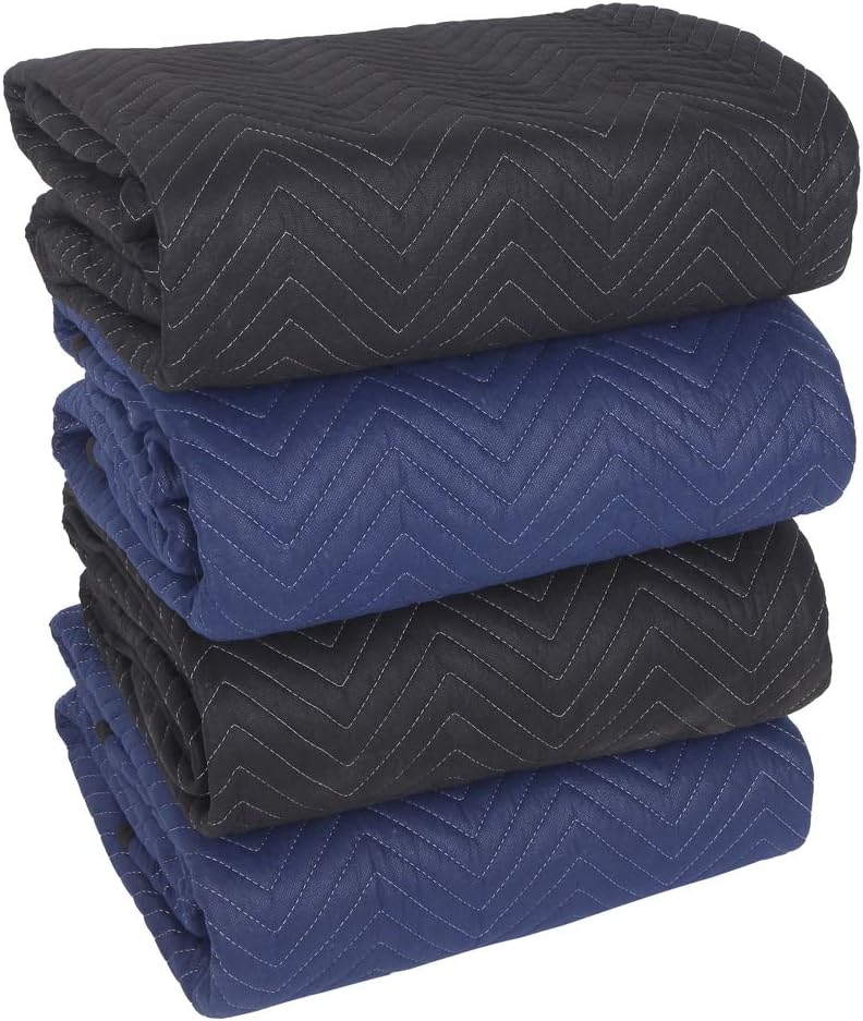 SOMIDE Supreme Moving Blankets, Ultra Thick, Double Batting, Colorfast - 4 Pack, 72" x 80",65-70 Lbs/Dozen, Black/Blue (4 Pack)