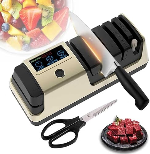 Afilador de cuchillos eléctrico profesional 5 en 1 con LCD, afilador de tijera con abrasivos de 3 velocidades y 100% diamantes, guías de ángulo de
