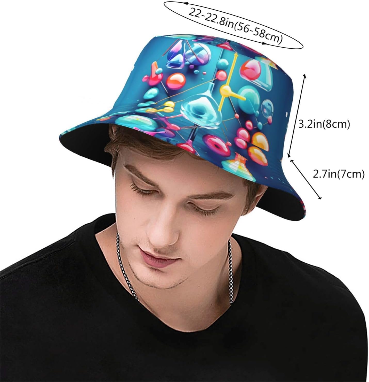 Abstract Science Chemistry Illustration 3D Print Winter Bucket Hat Packable Unisex Sun Hat Summer Travel Beach Fishing Cap for Men Women Black