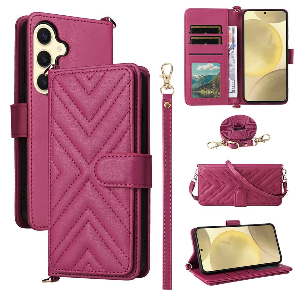 Étui portefeuille rose vif pour Samsung Galaxy S23 en cuir avec clapets et fentes cartes