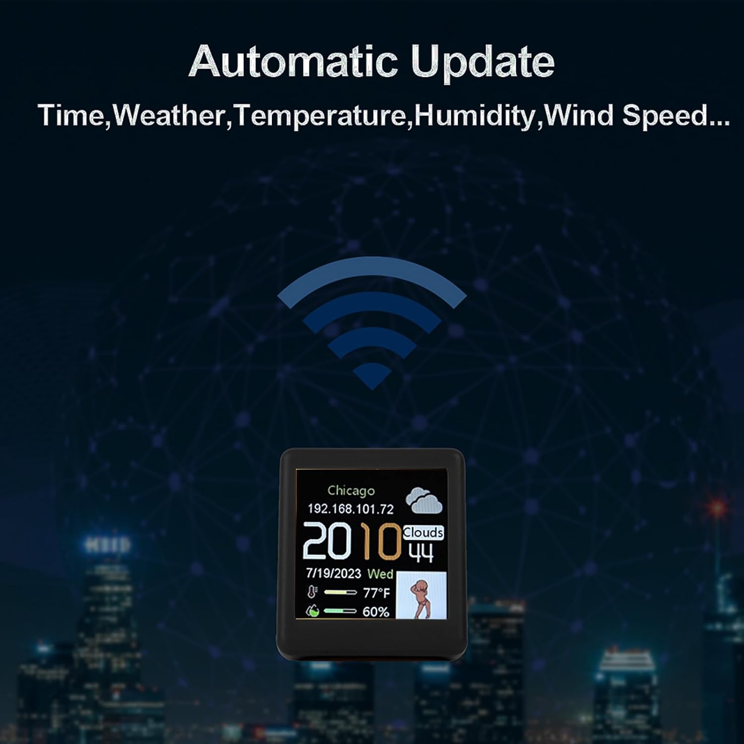 Black Mini Clock Desktop Smart Digital WiFi Web Weather Clock with 1.5Inch Display Screen