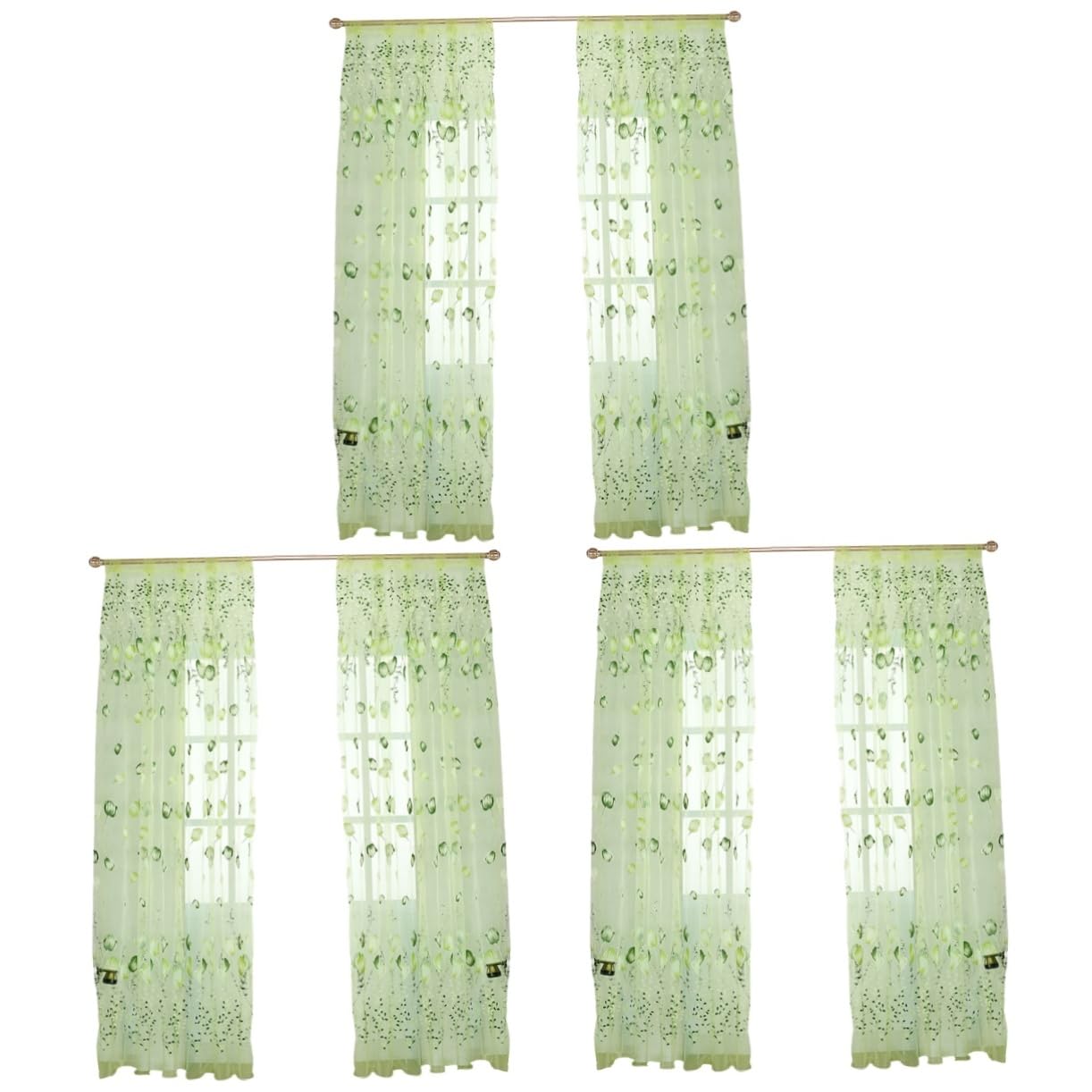 Rideaux transparents à fleurs Amosfun voilage vert 100 x 200 cm rideaux à pompons salon