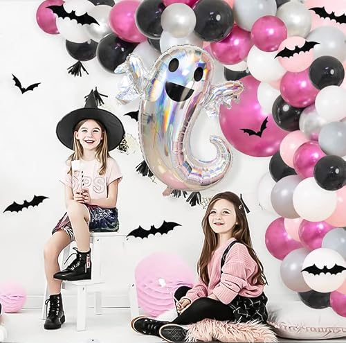 172Pcs Halloween Balloon Garland Arch Kit, Black Pink Sliver Halloween Balloons With 3D Bat Sticker Ghost Foil Balloon Pink Halloween Decor For Girls Kids Halloween Birthday Baby Shower Party Supplies #TOP1