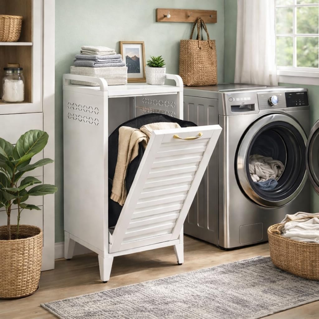 16 Gallon Large Capacity Tilt Out Laundry Hamper Removable Basket & Hidden Trash Cabinet Space-Saving Bathroom Storage 13.77"D x 16.53"W x 36.51"H for Small Spaces Sturdy Water-Resistant Steel （61L）