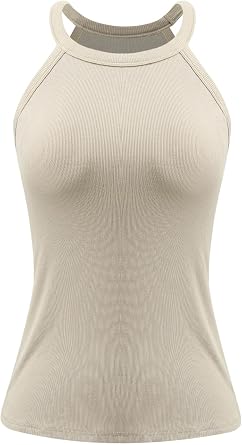 AMVELOP Womens Ribbed Halter Tank Top Built in Bra Casual Sleeveless Summer Outfits 2025