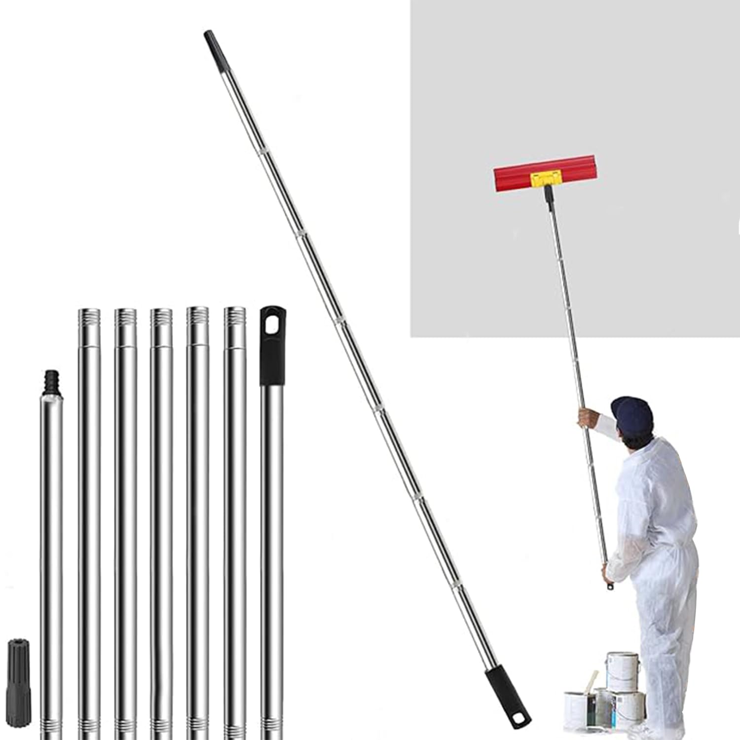 Rouleau de peinture extensible de 2,8 m, 7 sections en acier inoxydable avec adaptateur conique, réglable (80 cm-280 cm) pour peindre les murs, les plafonds, les sols et le nettoyage des fenêtres