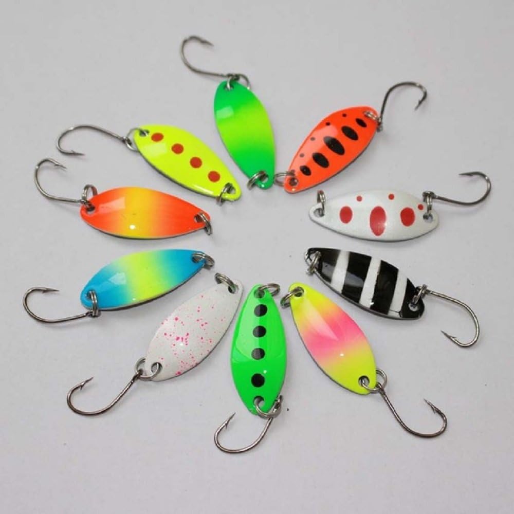 Fishing Lures for Bass 10pcs Spoon Lures Colorful with Single Hook Metal Fishing Lure Ideal for Trout, Black Fish, Grouper, Catfish, Opsariichthys, Cutler, Mandarin and Other Predatory Fish