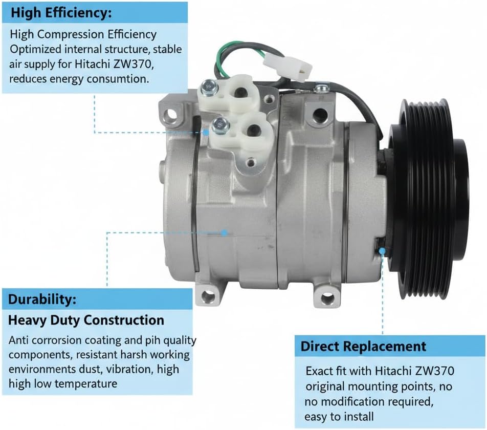 33470-60140 AC Compressor, 6PK 12V Air Conditioning Compressor Replacement for Hitachi ZW370 Wheel Loader, Aftermarket HVAC System Part