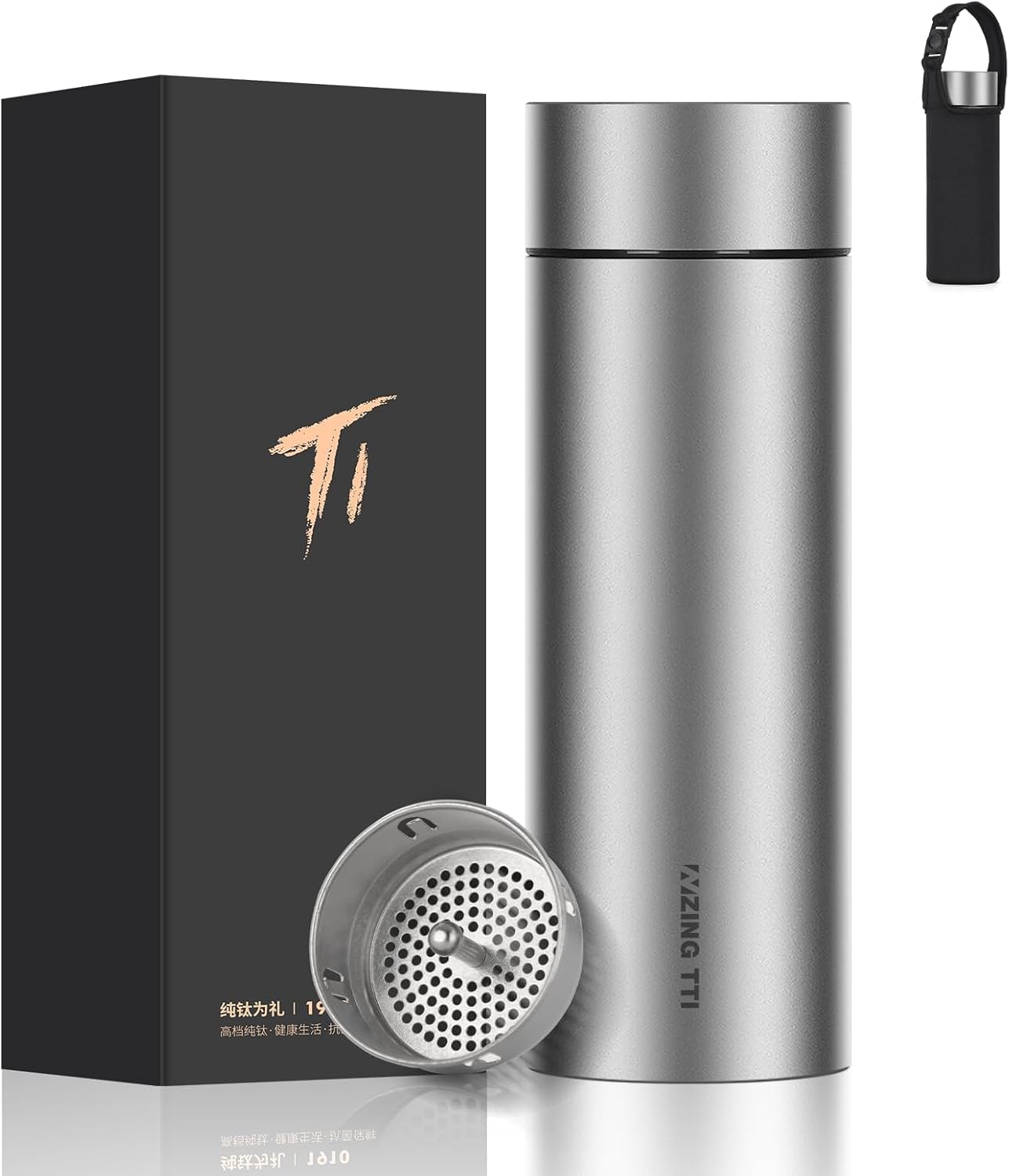 Pure Titanium Insulated Cup, Precious Metal Water Cup with Tea Brewer, 15oz, Double-Layer Vacuum Insulation, Suitable for Hot/Cold Drinks, Anti-Slip and Shockproof, Can be Given as a Present
