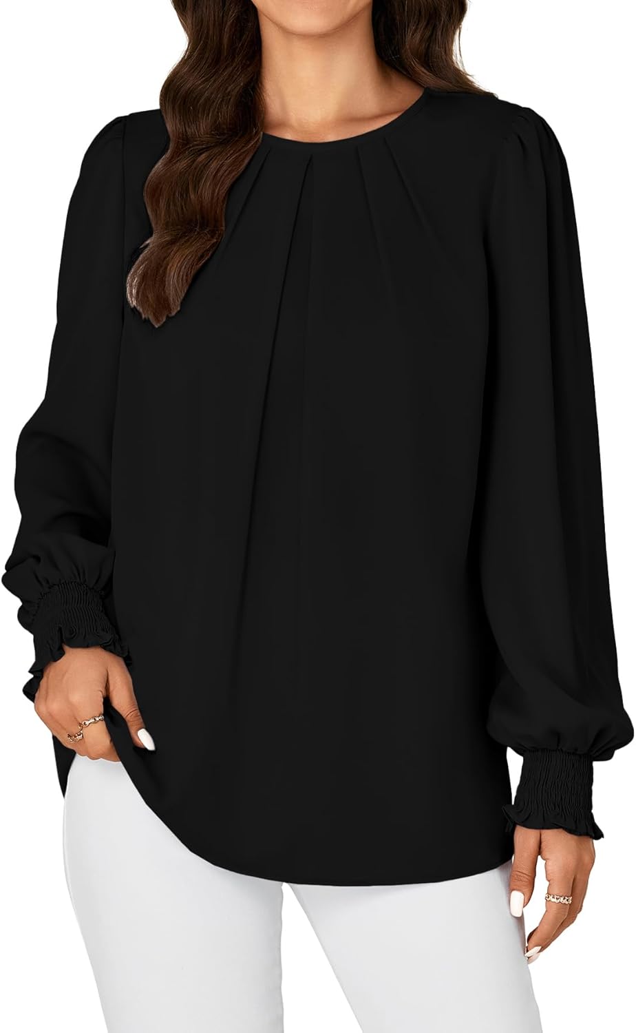 Vrtige Women's Dressy Casual Pleated Crew Neck Long Sleeve Shirt Office Work Chiffon Blouse Tops - Image 2