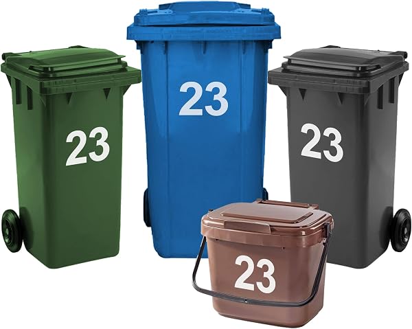 Rubigo 4 x Bin Numbers for Wheelie Bins, 0-99, Letters A-D, 17.5cm Dustbin Stickers, Easy Application Stick On Number Stickers - Weatherproof Self Adhesive Vinyl (23) - 1