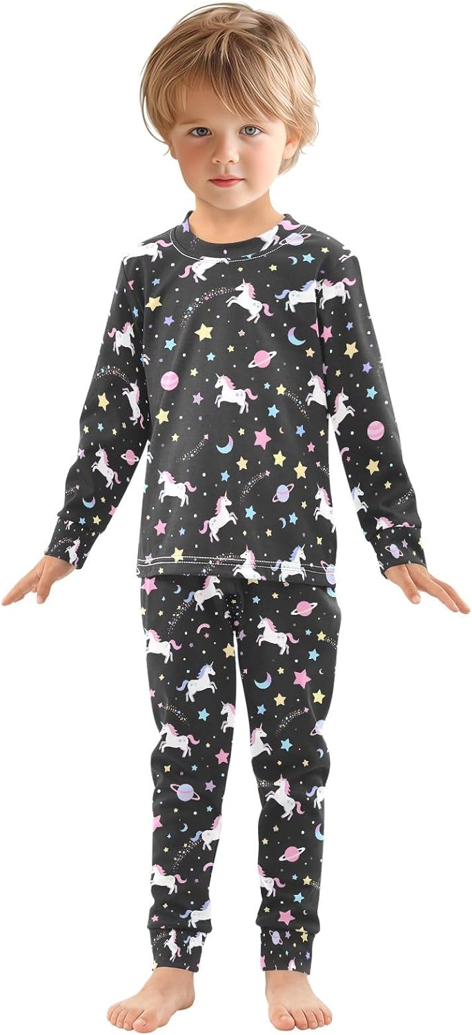 Unicorn Stars Pink Cute Pattern Boys Girls Pajamas Long Sleeve 2 Piece Cotton Suit - Image 3