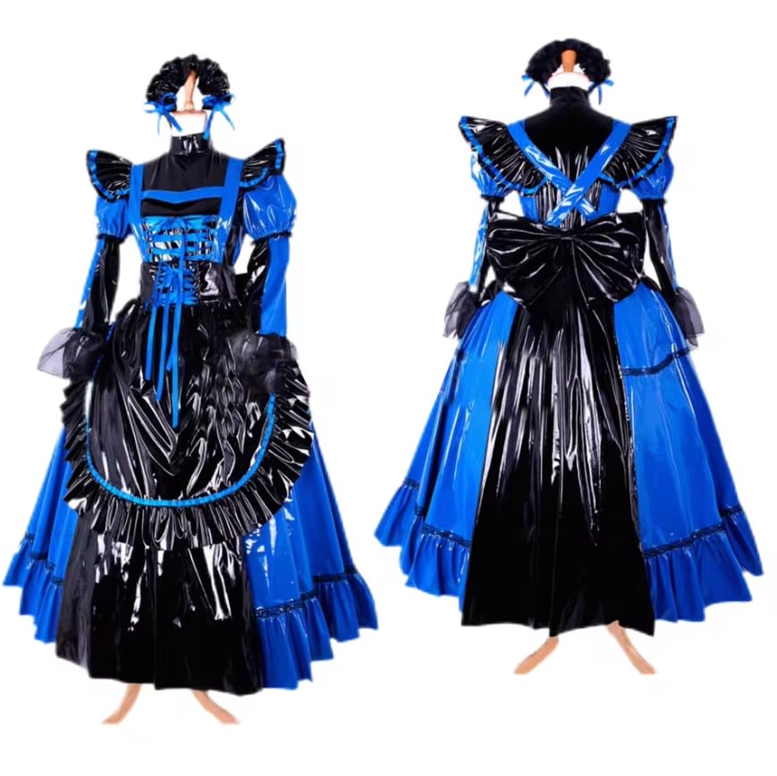 Langes abschließbares PVC-Kleid für Erwachsene, für Erwachsene, schwarz, Schürze, Sissy, Make-up, Ball, Dienstmädchen, Gothic, Rollenspiel