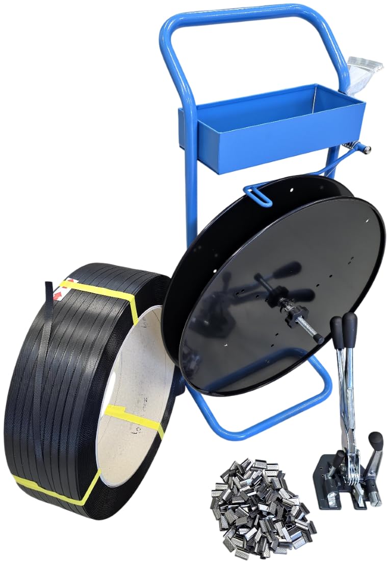 SET PER SPEDIZIONIERI COMPLETO DI CARRELLO PORTAROTOLO, REGGIATRICE MANUALE, 200 SIGILLI IN METALLO E REGGIA IN PLASTICA 1500 METRI CATOCCIMACCHINE