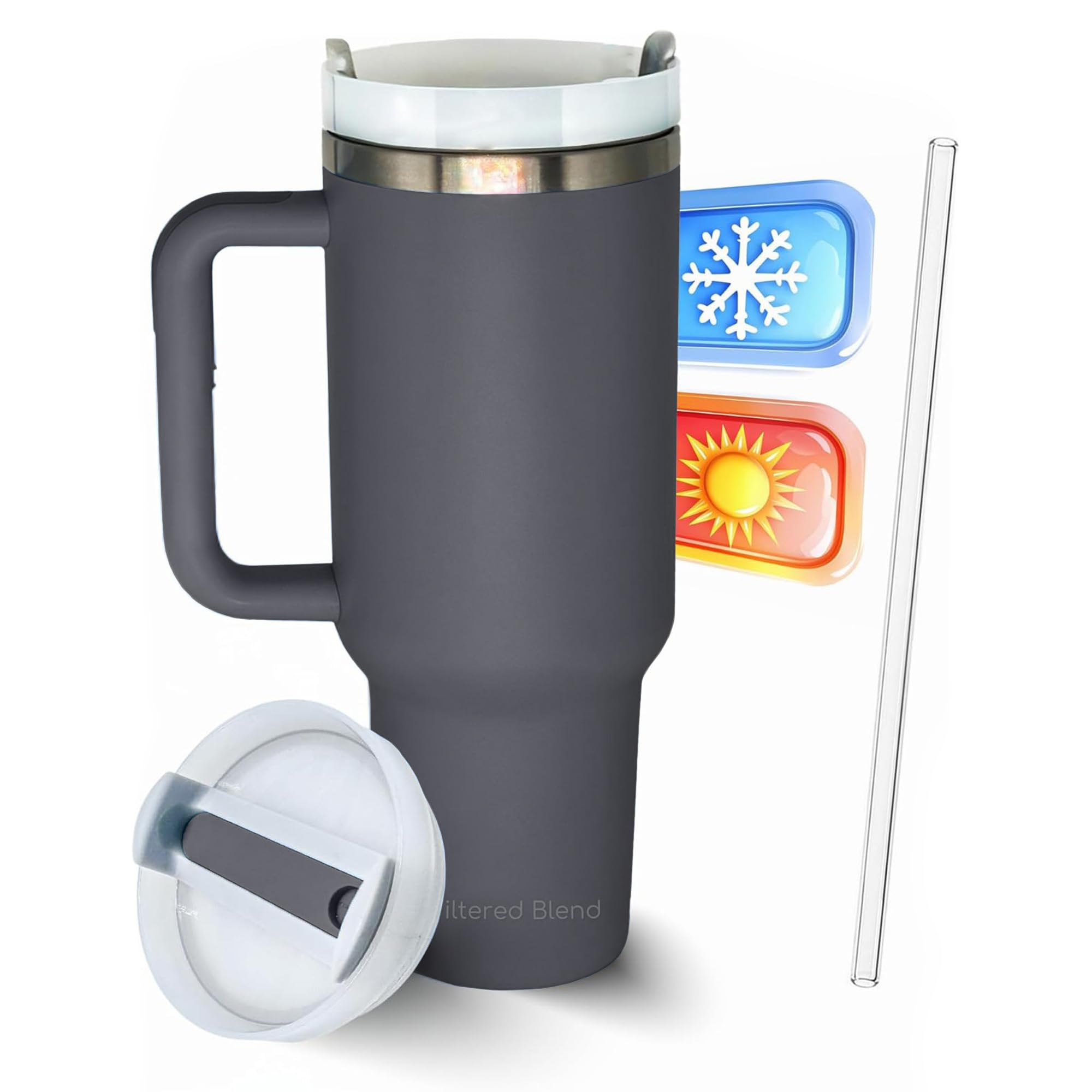 40oz Insulated Stainless Steel Travel Tumbler with Handgrip for Coffee, Tea, Smoothies - Water Bottle Cup with Handle and Straw Lid - Leakproof and