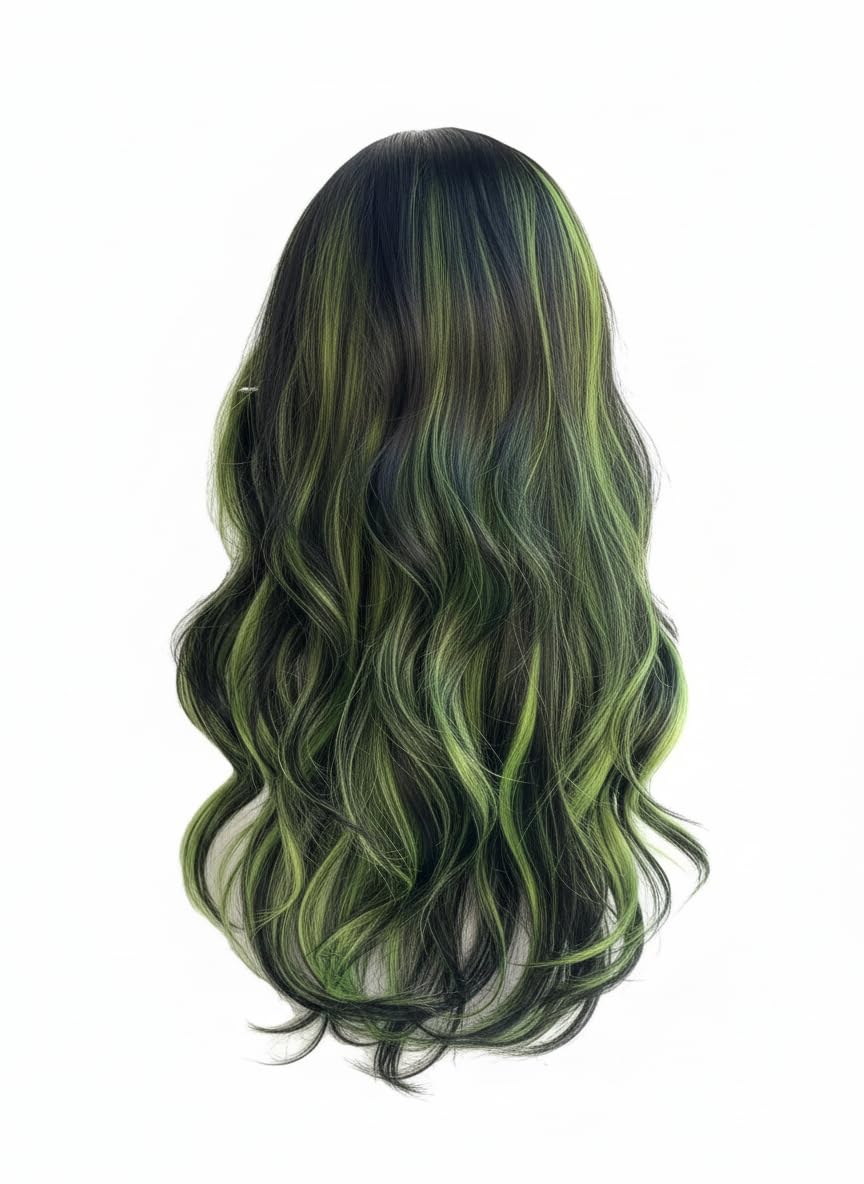 Natural Black Green Highlight Long Wavy Wig with Bangs & Middle Part, Heat Resistant Synthetic goth Lolita Cosplay Wig for Women, Ideal for Daily Wear Festivals & Parties