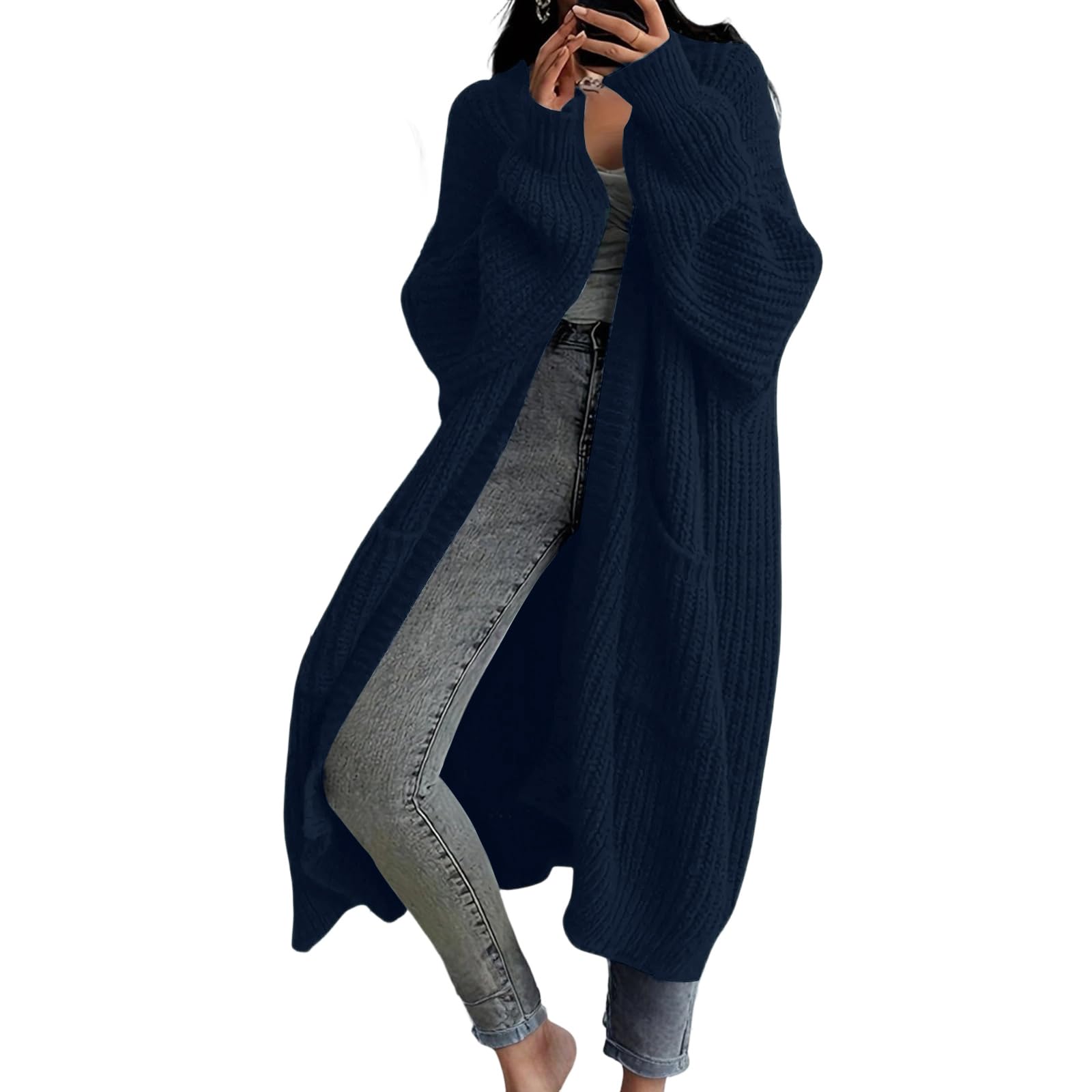 Generisch Strickjacke Damen Lang Cardigan Langarm Mantel Mit Taschen