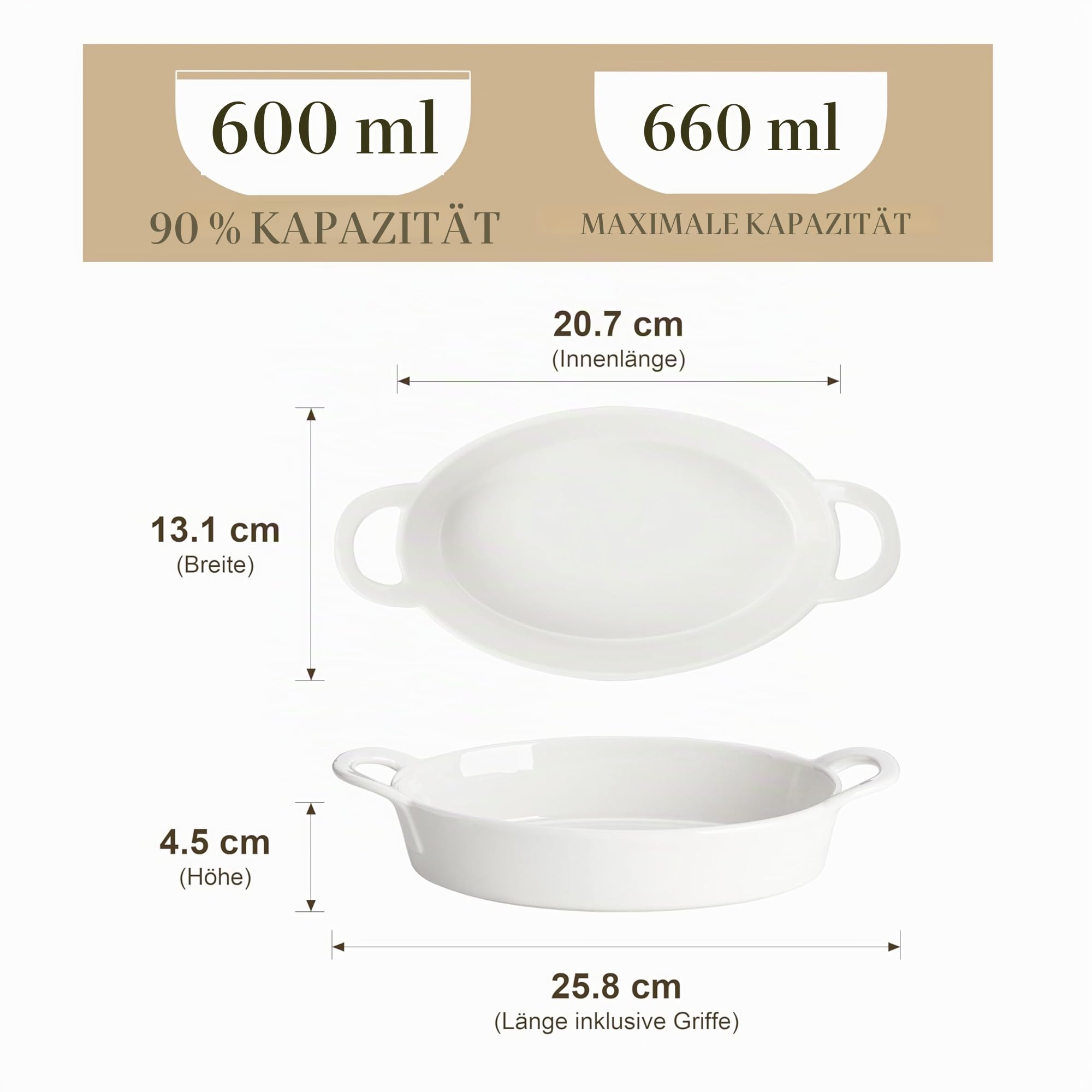 MALACASA Auflaufform Klein 4er Set, 600ML Auflaufform mit Griffen, Ovale Auflaufformen aus Keramik, kratzfest & robust, Kleine Backform für Lasagne, Gratin, Pasta, Desserts & mehr, Weiß