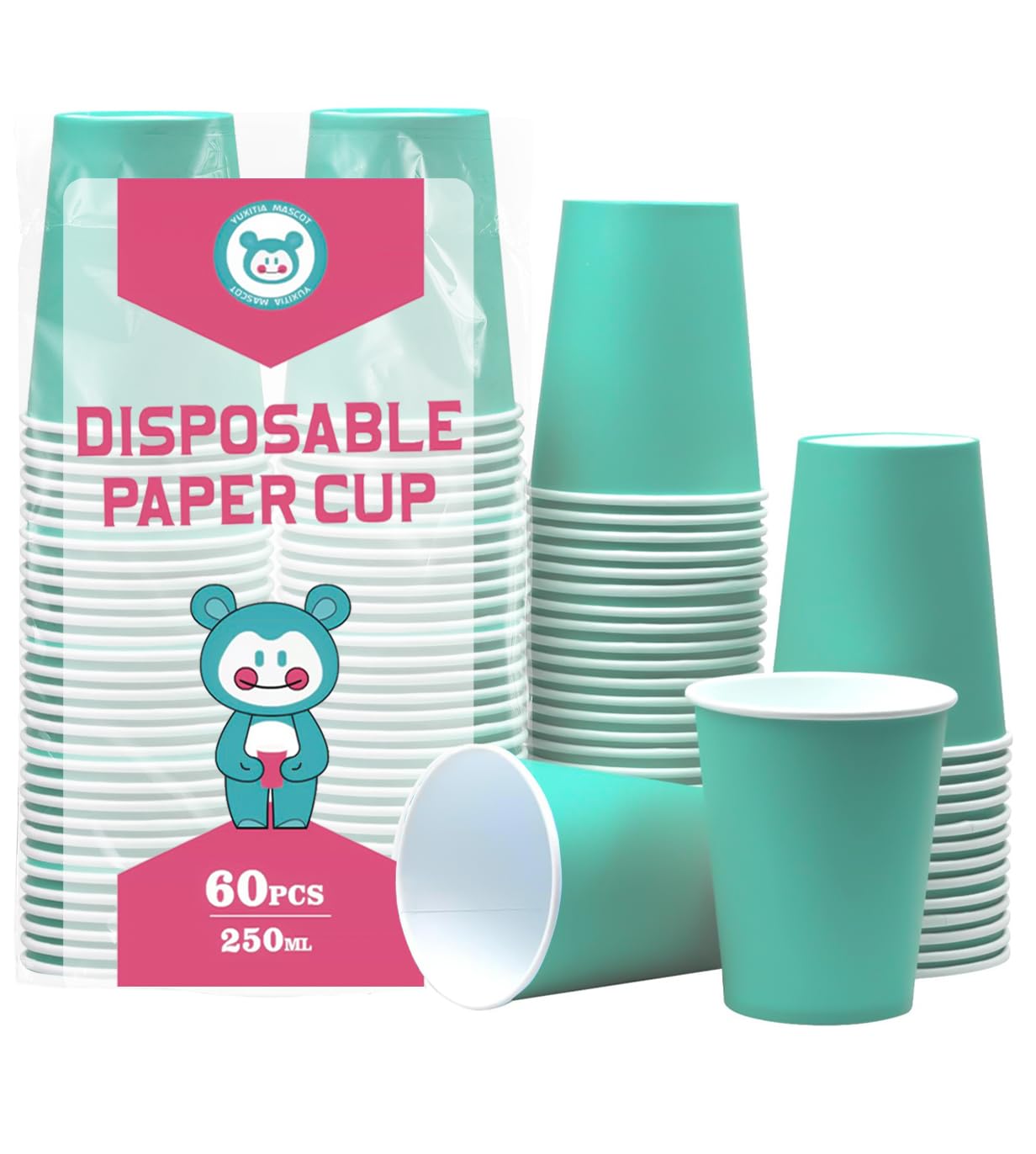 Yuxitia Disposable Paper Cups,60pcs Color Paper Cups for DIY Wedding Party Picnic BBQ Travel and Event 8OZ (Aqua Blue)