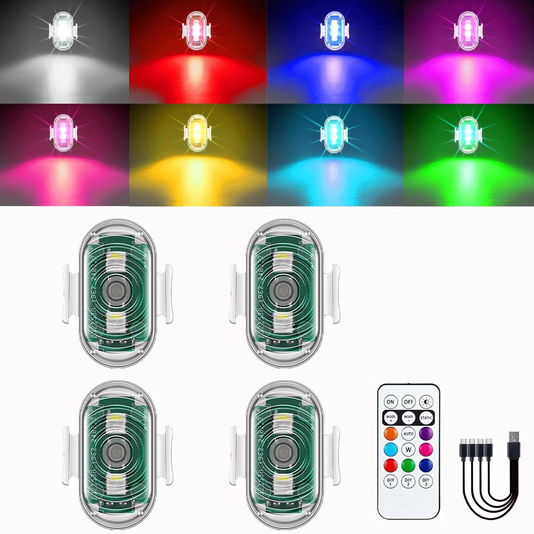 Lumière stroboscopique LED pour drone,USB 8 couleurs flash LED rechargeable,convient à DJI Mini 4 Pro et tous les accessoires pour drones RC.(4PCS)