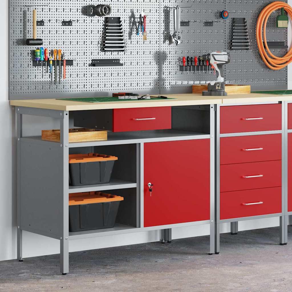 vidaXL Banco de Trabajo con cajón Rojo y Gris 100 x 55 x 85 cm, Mesa de Trabajo, Banco Industrial, Almacenamiento Duradero, Espacio para Reparar y ensamblar