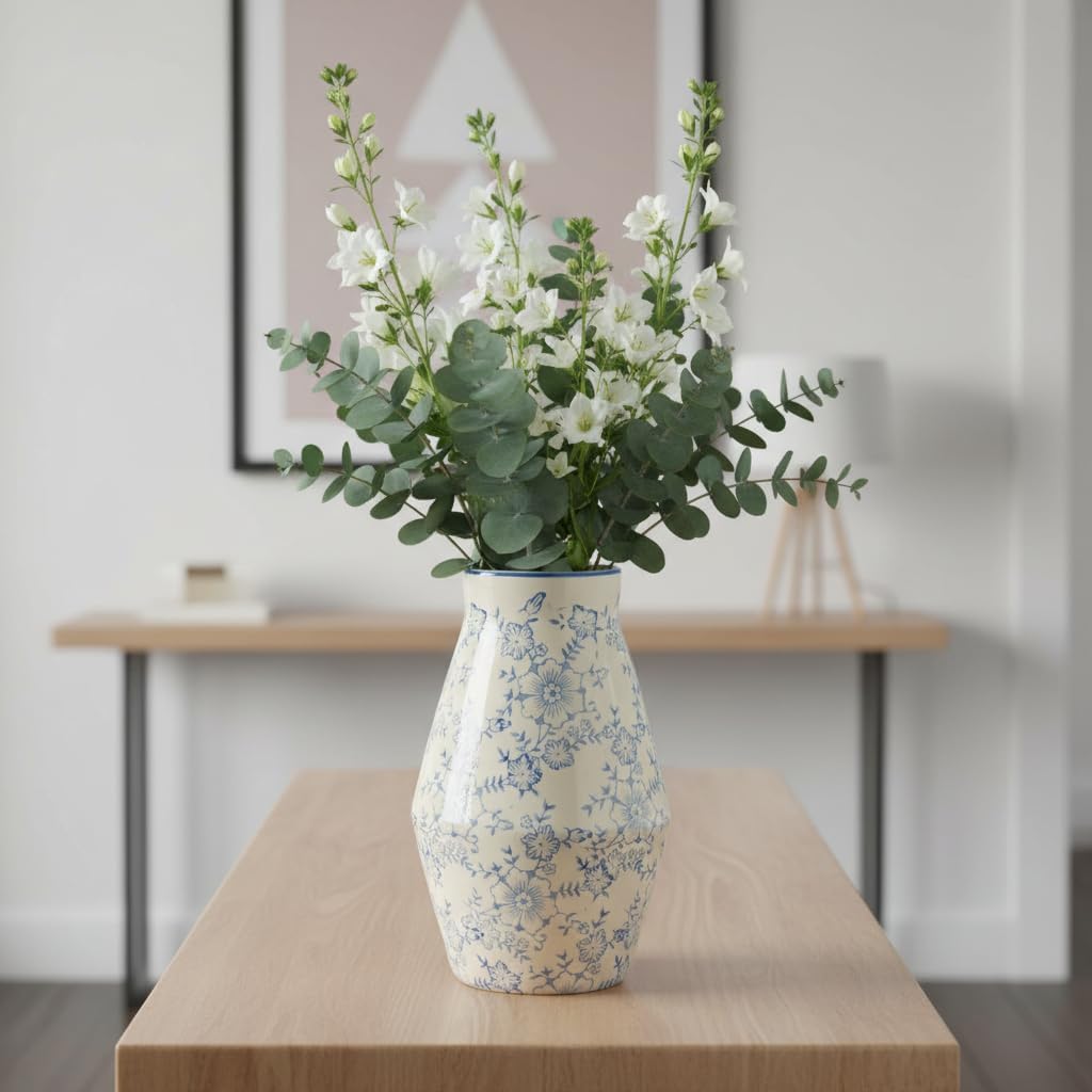 Blue and White Vase - 10 Inch Ceramic Chinoiserie Vintage Vase for Flowers, Decorative Floral Vases Home Decor, Bathroom Shelf Kitchen Living Room Table Centerpiece