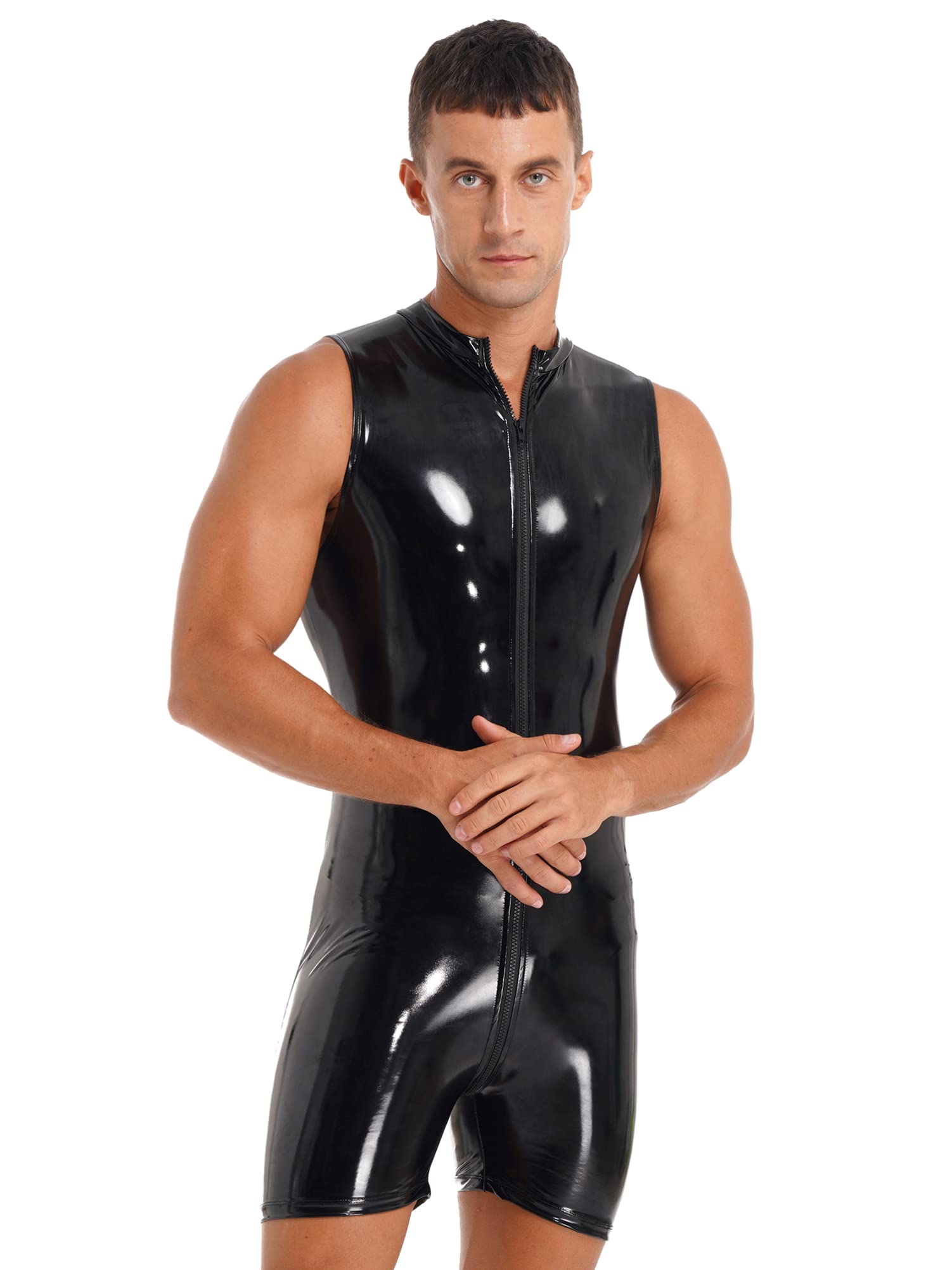 CHICTRY Men's Shiny Metallic Leotards One Piece Zipper Bodysuit Jumpsuit Wrestling Singlet Swimsuit 3# Black 3XL