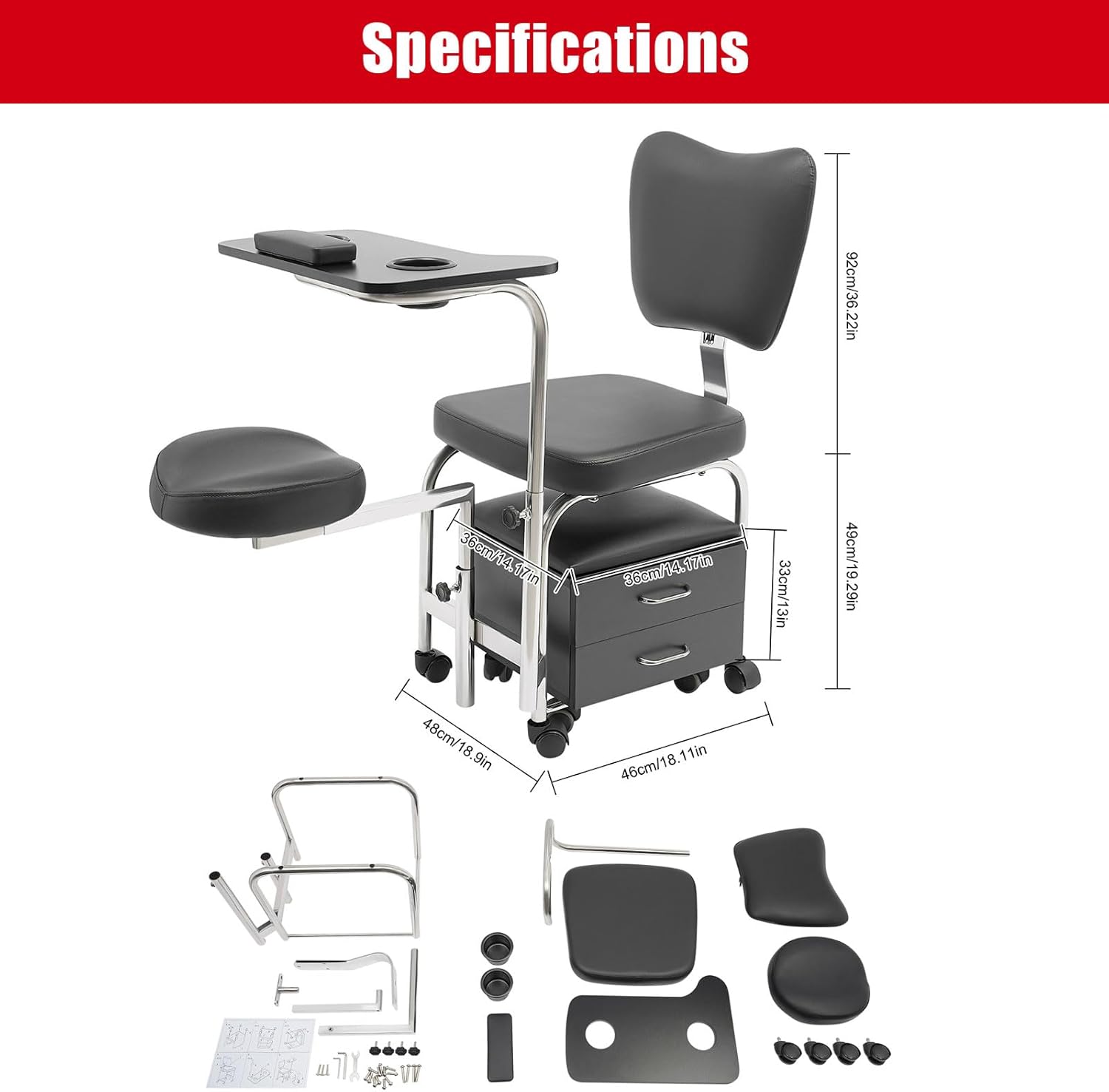 Manicure Pedicure Chair Nail Table, Rolling Salon Pedicure Station Unit Chair Adjustable Nail Desk Workstation, Professional Salon Trolley Beauty Spa Massage Stool with Drawers(Black)