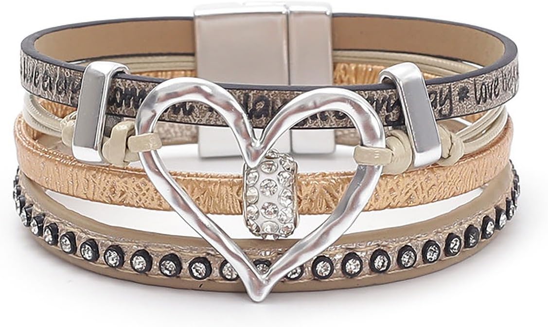 Leather Bracelets for Women Cutout Heart Sweet Leather Bracelet Buckle Casual Boho Bracelets for Women Jewelry