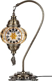 DEMMEX Turkish Moroccan Mosaic Table Lamp – Handcrafted Tiffany-Style Colorful Glass Swan Neck Bedside, Desk, Table Light, Boho Artisan Accent Lighting for Bedroom or Living Room – 15" H, Amber Brown