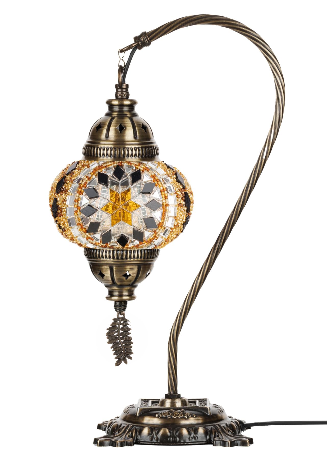 DEMMEX Turkish Moroccan Mosaic Table Lamp – Handcrafted Tiffany-Style Colorful Glass Swan Neck Bedside, Desk, Table Light, Boho Artisan Accent Lighting for Bedroom or Living Room – 15" H, Amber Brown