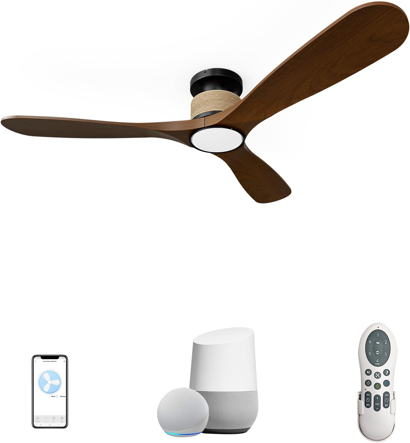 Smart 52 Inch Wood Flush Mount Ceiling Fans with Lights, Rustic Hemp Rope Ceiling Fan with Remote Alexa Voice and App Control, Reversible Quiet DC Motor, High CFM for Indoor Outdoor, Walnut