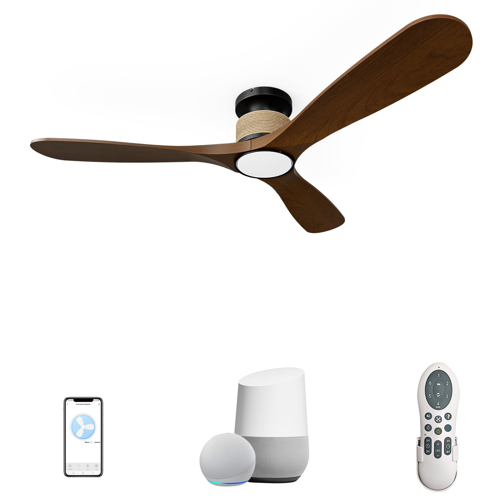 Smart 52 Inch Wood Flush Mount Ceiling Fans with Lights, Rustic Hemp Rope Ceiling Fan with Remote Alexa Voice and App Control, Reversible Quiet DC Motor, High CFM for Indoor Outdoor, Walnut