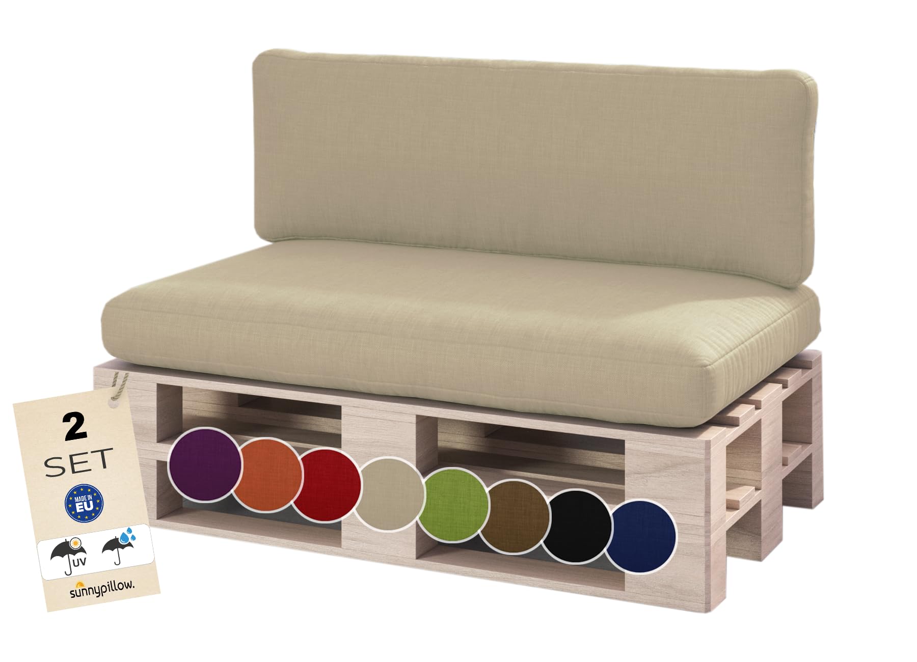 sunnypillow Palettenkissen Outdoor, wasserdicht, UV-lichtecht - 2er Set - Palettenauflage für Palettensofa für Haus, Garten - Palettenpolster für Palettenmöbel - Rückenkissen & Sitzkissen Cremefarben