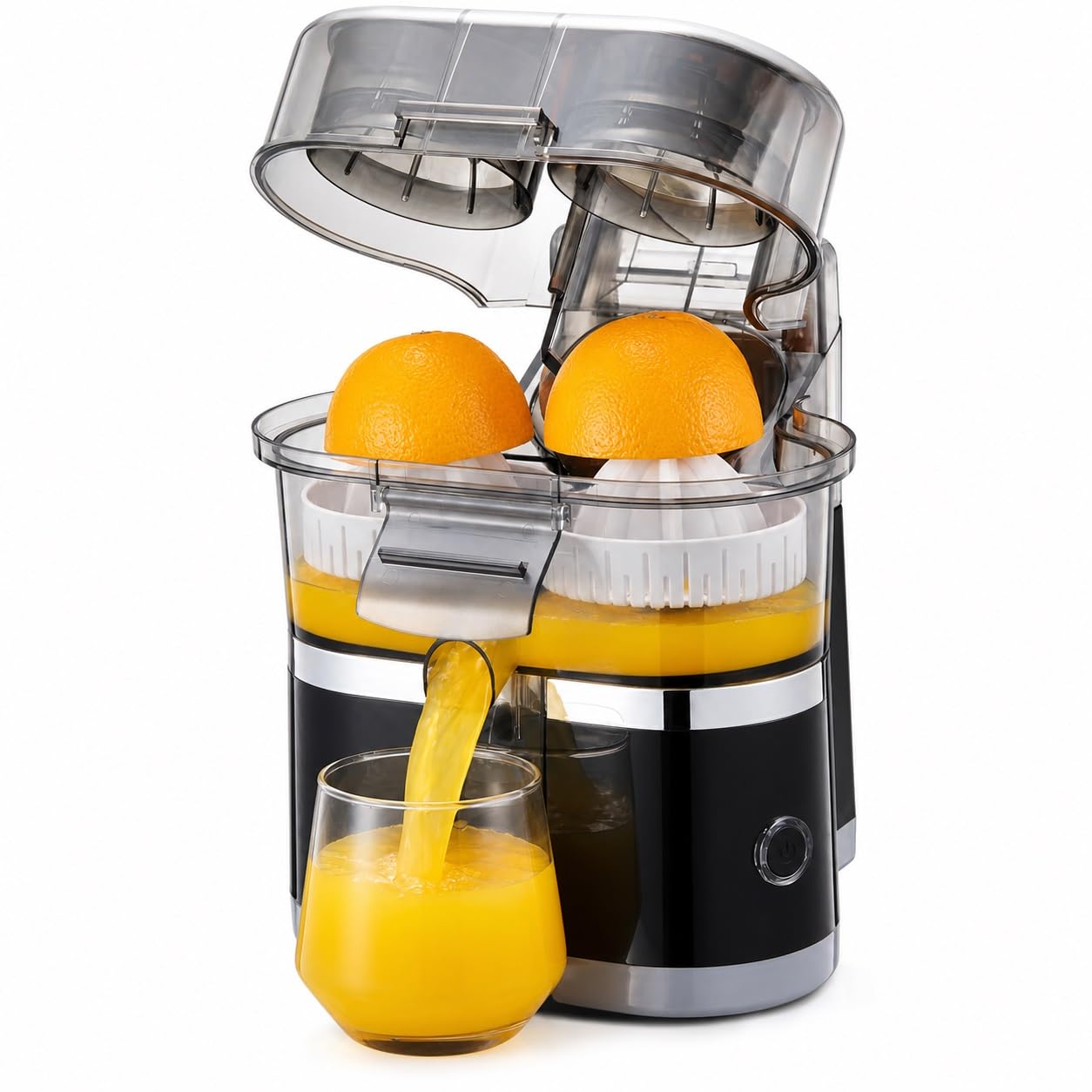 Exprimidor Eléctrico Doble de Cítricos, Prensa de Jugo de Naranja de 500 Ml | Acero Inoxidable, Desayunos Caseros, Prensa Doble, Cámara de 500 Ml, Tasa de Producción del 90 %, Piezas Aptas for Lavavajill
