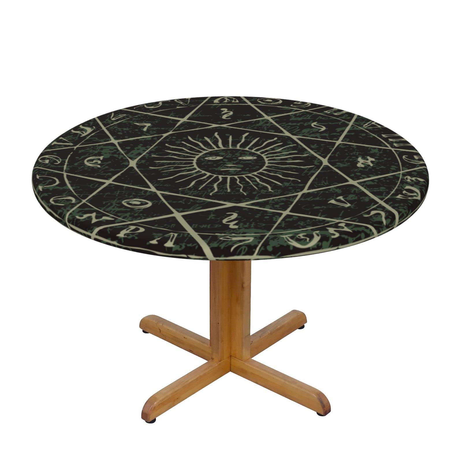 Lsjuee Round Fitted Tablecloth 45-50in Elastic Edged Table Cloth for Kitchen Dining Party Home Decor - Magic Symbol Sun Formula