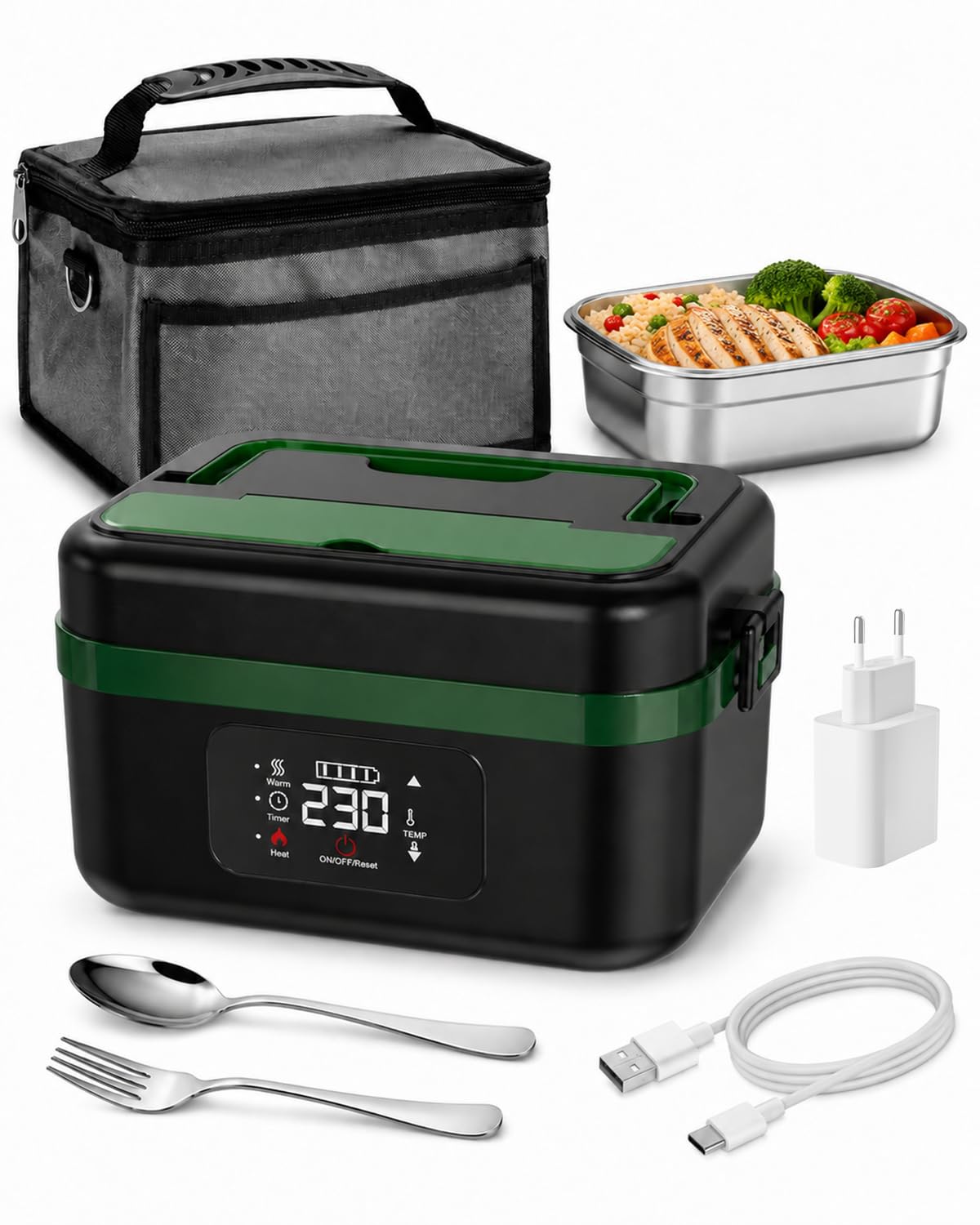 LANMOU Gamelle Chauffante Batterie Sans Fil, 1000ml, Minuterie | Lunch Box Chauffante Rechargeable USB-C, Cuve amovible Inox 304, 6 Temps, Maintien Chaud, Pour Bureau Chantier Voiture