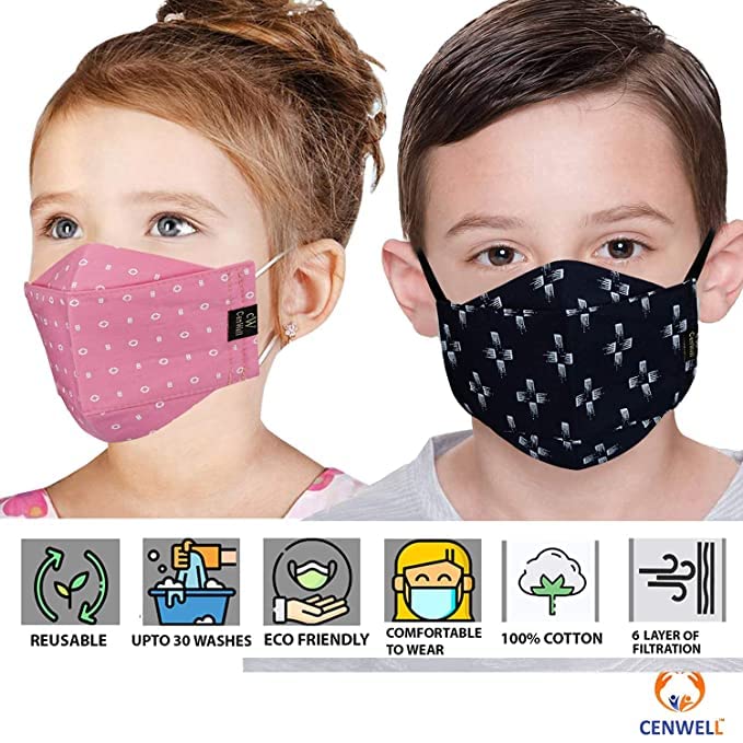 Cenwell 5 Pcs Kids 3D Mask Reusable, Washable & Breathable Stylish Kids Face Mask with Adjustable Earloops for Boys Girls Children Gift, Cute Designer Mask, Facemask - (Multicolour, Printed) 2