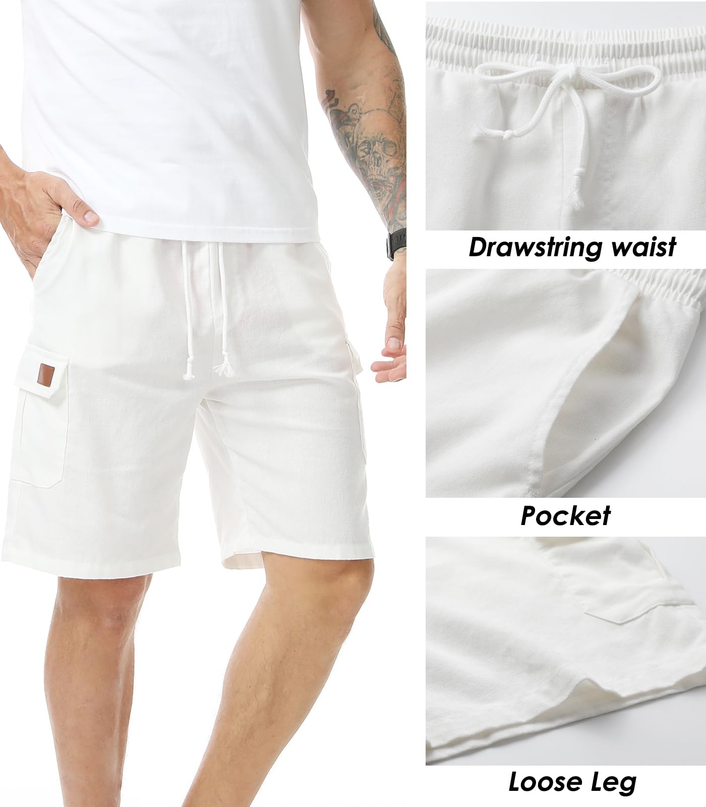 Bermudas Hombre Lino Verano Shorts Cargo Múltiples Bolsillos Cintura Elástica