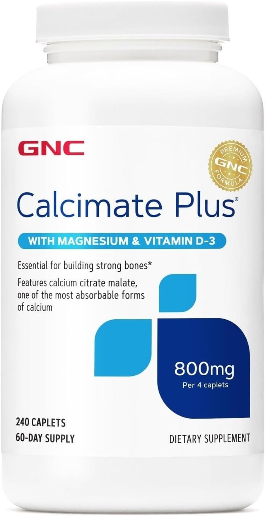 GNC Calcimate Plus 800mg, Supports Strong Bones, 240 Caplets, 60 Servings