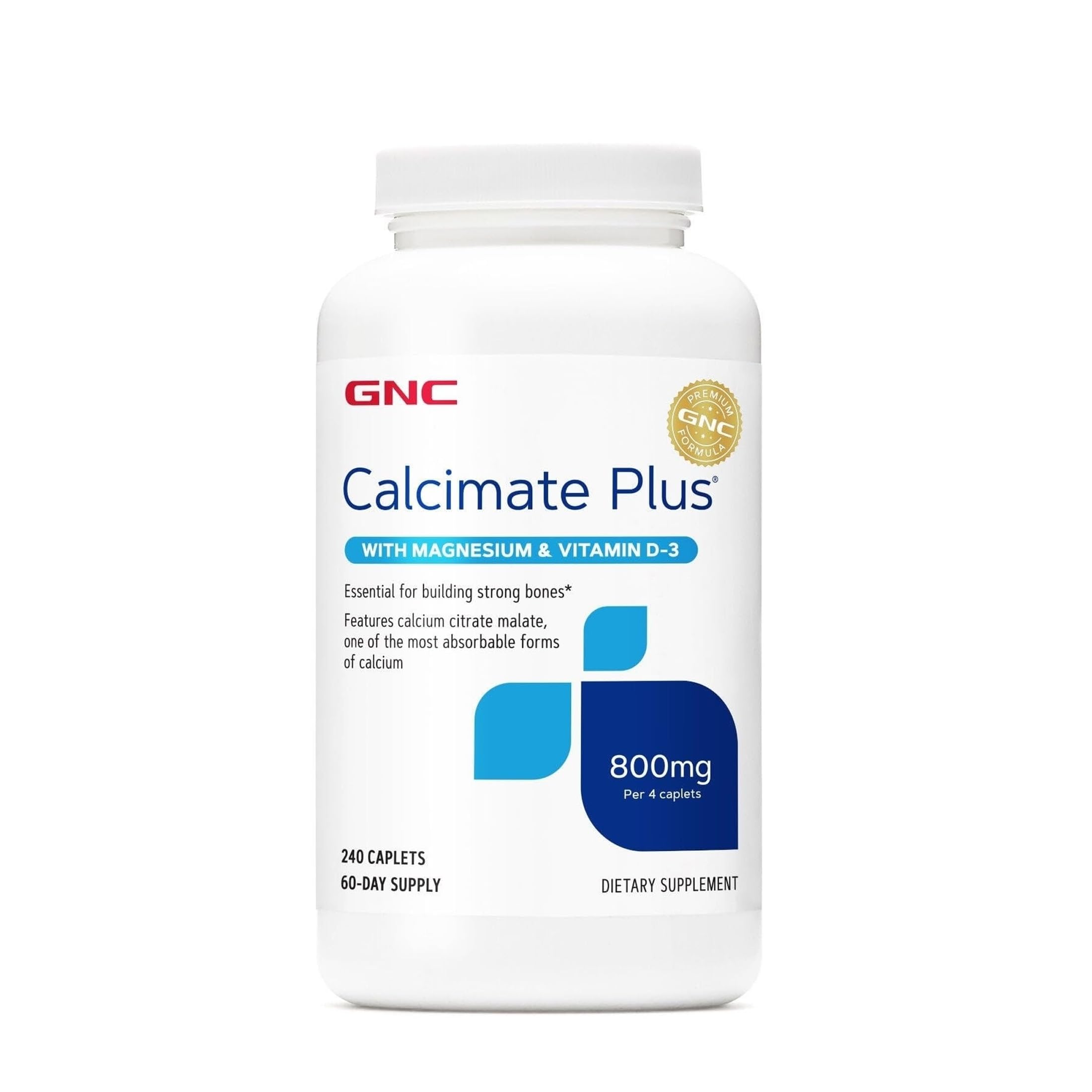 GNC Calcimate Plus 800mg, Supports Strong Bones, 240 Caplets, 60 Servings