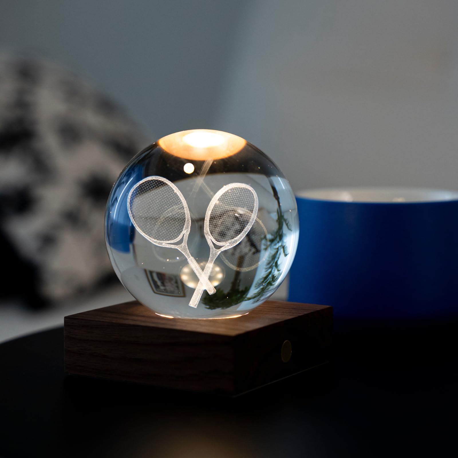 Gingko Luz LED de cristal ámbar, base de madera de nogal, raquetas de tenis