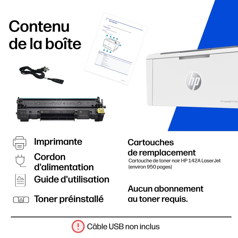 HP LaserJet M110w, 7MD66F, Imprimante laser monochrome A4 à fonction unique, Impression recto verso manuelle en noir et blanc, 20 ppm, ADF, Wi-Fi, HP Smart, Blanche