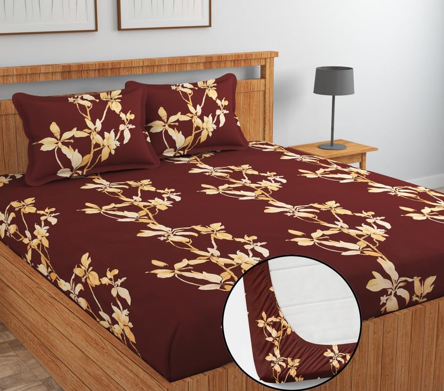 Image of NHD HOME Premium Cotton Elastic Fitted Bedsheets with 2 Pillow Covers Double Bed All Around Elastic Supersoft Size - 72 x 78 +8 inches Wine 200 tc - 220 tc